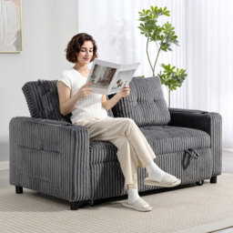 HOMCOM 2 Seater Click Clack Sofa Bed with Pull Out Design, Corduroy Upholstery - Charcoal Grey - thumbnail 2