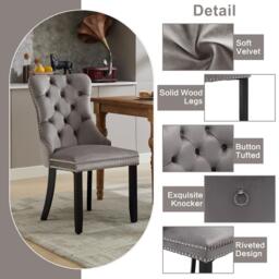 Velvet Dining Chairs Set of 6, Upholstered Dining Chairs with Button Tufted Backrest, Solid Wood Legs, Foot Pads, Suitable for Dining Room, 50L x 64W x 96H cm, Grey - Aosom UK - thumbnail 4