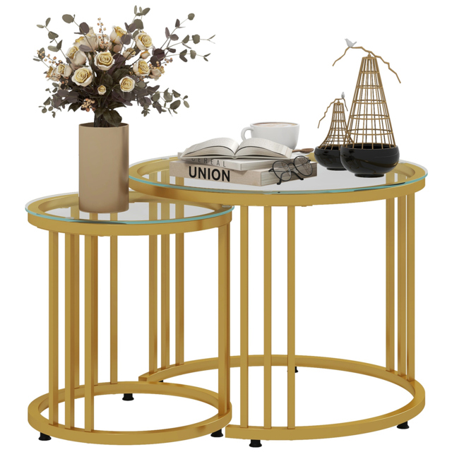 HOMCOM Round Coffee Tables Set of 2, Nesting Tables with Tempered Glass Top and Steel Frame, 60cmx60cmx47cm, Gold Tone - image 1