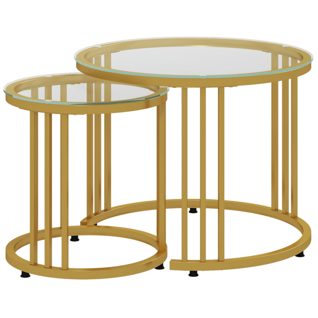 HOMCOM Round Coffee Tables Set of 2, Nesting Tables with Tempered Glass Top and Steel Frame, 60cmx60cmx47cm, Gold Tone - image 1