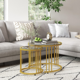HOMCOM Round Coffee Tables Set of 2, Nesting Tables with Tempered Glass Top and Steel Frame, 60cmx60cmx47cm, Gold Tone - thumbnail 7