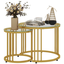 HOMCOM Round Coffee Tables Set of 2, Nesting Tables with Tempered Glass Top and Steel Frame, 60cmx60cmx47cm, Gold Tone - thumbnail 1