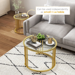 HOMCOM Round Coffee Tables Set of 2, Nesting Tables with Tempered Glass Top and Steel Frame, 60cmx60cmx47cm, Gold Tone - thumbnail 6