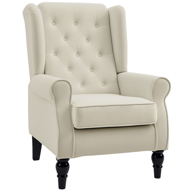 HOMCOM Retro Arm Chair with 160kg Capacity Wingback Upholstered Button Tufted Chair for Living Room Bedroom, Cream White - Aosom UK - image 1