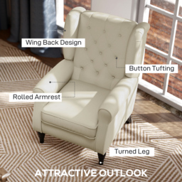 HOMCOM Retro Arm Chair with 160kg Capacity Wingback Upholstered Button Tufted Chair for Living Room Bedroom, Cream White - Aosom UK - thumbnail 4