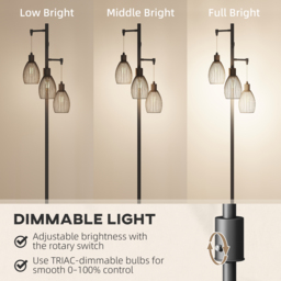 HOMCOM 3-Light LED Floor Lamp, 170cm Industrial Dimmable Standing Lamp with Steel Wire Cage Lampshades, 2700K for Living Room, Bedroom, Dining Room, Study, Black - thumbnail 4
