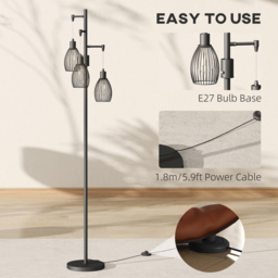 HOMCOM 3-Light LED Floor Lamp, 170cm Industrial Dimmable Standing Lamp with Steel Wire Cage Lampshades, 2700K for Living Room, Bedroom, Dining Room, Study, Black - thumbnail 7