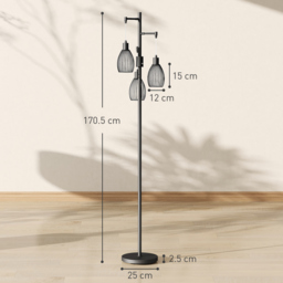 HOMCOM 3-Light LED Floor Lamp, 170cm Industrial Dimmable Standing Lamp with Steel Wire Cage Lampshades, 2700K for Living Room, Bedroom, Dining Room, Study, Black - thumbnail 3