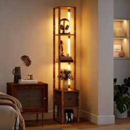 HOMCOM Floor Lamp with Shelves, LED Column Modern Standing Lamp with Fabric Drawer, Adjustable Brightness, Foot Switch for Living Room, Bedroom, Office, Rustic Brown - thumbnail 2