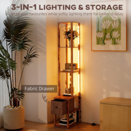HOMCOM Floor Lamp with Shelves, LED Column Modern Standing Lamp with Fabric Drawer, Adjustable Brightness, Foot Switch for Living Room, Bedroom, Office, Rustic Brown - thumbnail 4