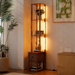 HOMCOM Floor Lamp with Shelves, LED Column Modern Standing Lamp with Fabric Drawer, Adjustable Brightness, Foot Switch for Living Room, Bedroom, Office, Rustic Brown - thumbnail 8
