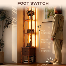 HOMCOM Floor Lamp with Shelves, LED Column Modern Standing Lamp with Fabric Drawer, Adjustable Brightness, Foot Switch for Living Room, Bedroom, Office, Rustic Brown - thumbnail 6