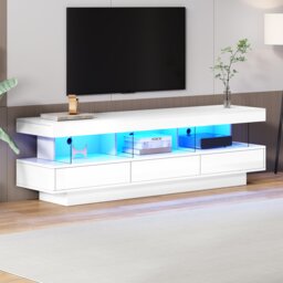 Modern High Gloss TV Units with Storage Drawers, Remote Control LED Lights, TV Cabinet for Living Room, Bedroom, 160x38x50.5 cm, White - Aosom.UK