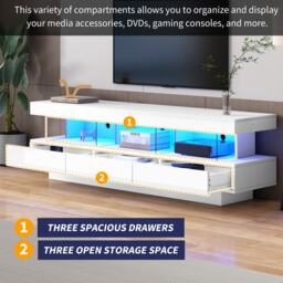 Modern High Gloss TV Units with Storage Drawers, Remote Control LED Lights, TV Cabinet for Living Room, Bedroom, 160x38x50.5 cm, White - Aosom.UK - thumbnail 6
