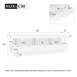 Modern High Gloss TV Units with Storage Drawers, Remote Control LED Lights, TV Cabinet for Living Room, Bedroom, 160x38x50.5 cm, White - Aosom.UK - thumbnail 3