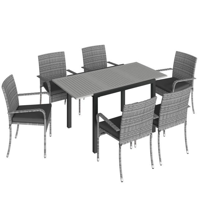 Outsunny 7 Piece Rattan Garden Furniture Set, 6 Seater Garden Table and 6 Stackable Chairs with Extendable Acacia Wood Tabletop - image 1