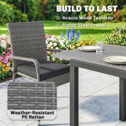 Outsunny 7 Piece Rattan Garden Furniture Set, 6 Seater Garden Table and 6 Stackable Chairs with Extendable Acacia Wood Tabletop - thumbnail 6