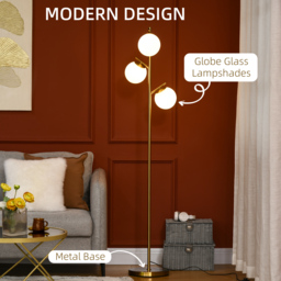 HOMCOM 3-Light Tree Floor Lamps for Living Room, Modern Standing Lamp for Bedroom with Globe Lampshade, 3000K/4000K/6000K Colour Temperatures, Steel Base, Gold Tone - thumbnail 6