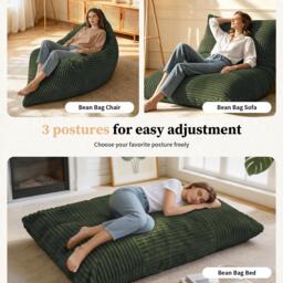 Convertible Bean Bag Chair with Memory Foam, Versatile Lounger for Reading and Gaming, 180L x 125W cm, Green - Aosom UK - thumbnail 5
