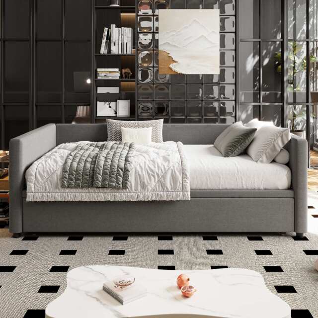 Single Day Bed with Pull-Out Bottom Bed, Converts to Double Floor Bed, Space-Saving Grey Sofa Bed for Apartments, 203L x 191W x 73H cm, Gray- Aosom.UK - image 1