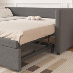 Single Day Bed with Pull-Out Bottom Bed, Converts to Double Floor Bed, Space-Saving Grey Sofa Bed for Apartments, 203L x 191W x 73H cm, Gray- Aosom.UK - thumbnail 9