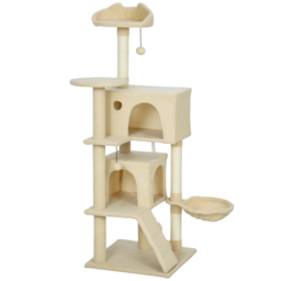 PawHut 140cm Large Cat Tree Tower with Sisal Scratching Posts, Condos, Plush Perches, Hammock, Ladder, Beige - thumbnail 1
