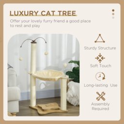 PawHut Cat Tree Indoor Kitten Play Tower, Sisal Scratching Posts with Hammock & Ball Toy, 53.5x53.5x90 cm, Beige - Aosom UK - thumbnail 4