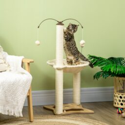 PawHut Cat Tree Indoor Kitten Play Tower, Sisal Scratching Posts with Hammock & Ball Toy, 53.5x53.5x90 cm, Beige - Aosom UK - thumbnail 2