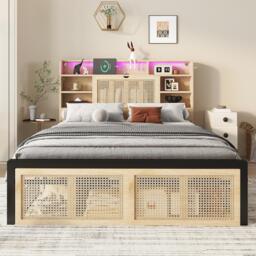 4ft6 Wooden Double Bed with LED Strip Light and Headboard Storage, Storage Bed with Charging Port, 208L x 137.5W x 104.5H cm, Natural+Black - Aosom UK - thumbnail 6