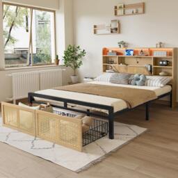 4ft6 Wooden Double Bed with LED Strip Light and Headboard Storage, Storage Bed with Charging Port, 208L x 137.5W x 104.5H cm, Natural+Black - Aosom UK - thumbnail 1