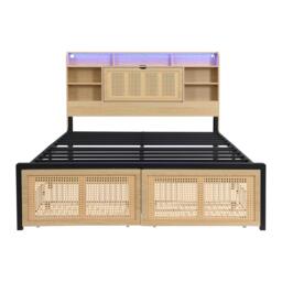 4ft6 Wooden Double Bed with LED Strip Light and Headboard Storage, Storage Bed with Charging Port, 208L x 137.5W x 104.5H cm, Natural+Black - Aosom UK - thumbnail 2