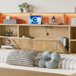 4ft6 Wooden Double Bed with LED Strip Light and Headboard Storage, Storage Bed with Charging Port, 208L x 137.5W x 104.5H cm, Natural+Black - Aosom UK - thumbnail 8