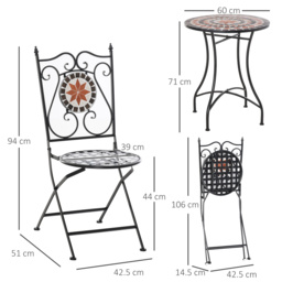 Outsunny 3 Pieces Garden Furniture Set, Bistro Set with 1 Ceramic Tile Round Table and 2 Foldable Chairs for Outdoor, Indoor, Patio, Balcony, Black - thumbnail 3
