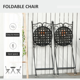Outsunny 3 Pieces Garden Furniture Set, Bistro Set with 1 Ceramic Tile Round Table and 2 Foldable Chairs for Outdoor, Indoor, Patio, Balcony, Black - thumbnail 4