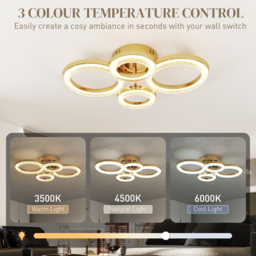 HOMCOM LED Ceiling Light, Modern 4 Rings Ceiling Lamp with Wall Switch Control, 40W 4350lm Flush Mount Ceiling Light with 3500K/4500K/6000K Colour Temperatures for Living Room, Bedroom, Gold Tone - thumbnail 4