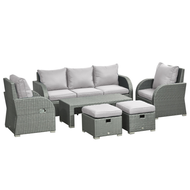 Outsunny 7-Seater Patio Furniture Set, Rattan Garden Set with Coffee Table, Footstool and Reclining Chairs, Light Grey - Aosom UK - image 1