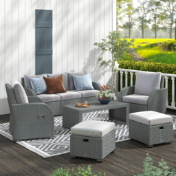 Outsunny 7-Seater Patio Furniture Set, Rattan Garden Set with Coffee Table, Footstool and Reclining Chairs, Light Grey - Aosom UK - thumbnail 2
