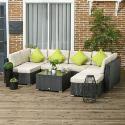 Outsunny 8 Pieces PE Rattan Corner Sofa Set, Outdoor Garden Furniture Set, Patio Wicker Sofa Seater w/ Cushion, Cushion Cover, Black - Aosom UK - thumbnail 2