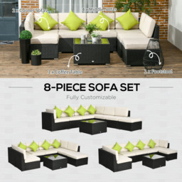 Outsunny 8 Pieces PE Rattan Corner Sofa Set, Outdoor Garden Furniture Set, Patio Wicker Sofa Seater w/ Cushion, Cushion Cover, Black - Aosom UK - thumbnail 6