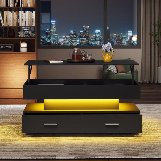 Hydraulic Lift Top Coffee Table with LED Lighting, 2 Drawers, Cocktail Table with Storage Space, for Sofa Side, 100L x 50W x 44H cm, Black - Aosom.UK - image 1