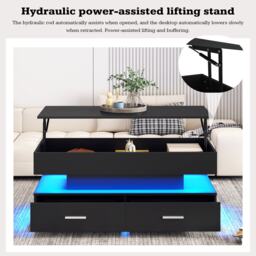 Hydraulic Lift Top Coffee Table with LED Lighting, 2 Drawers, Cocktail Table with Storage Space, for Sofa Side, 100L x 50W x 44H cm, Black - Aosom.UK - thumbnail 5
