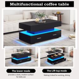Hydraulic Lift Top Coffee Table with LED Lighting, 2 Drawers, Cocktail Table with Storage Space, for Sofa Side, 100L x 50W x 44H cm, Black - Aosom.UK - thumbnail 7