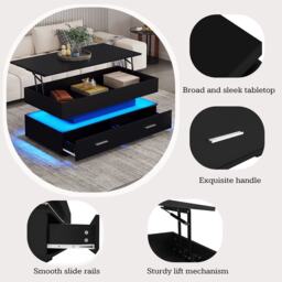 Hydraulic Lift Top Coffee Table with LED Lighting, 2 Drawers, Cocktail Table with Storage Space, for Sofa Side, 100L x 50W x 44H cm, Black - Aosom.UK - thumbnail 8