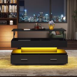 Hydraulic Lift Top Coffee Table with LED Lighting, 2 Drawers, Cocktail Table with Storage Space, for Sofa Side, 100L x 50W x 44H cm, Black - Aosom.UK