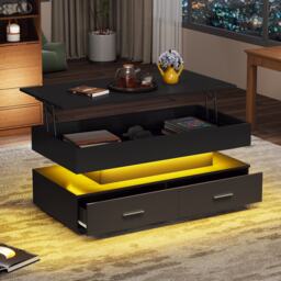 Hydraulic Lift Top Coffee Table with LED Lighting, 2 Drawers, Cocktail Table with Storage Space, for Sofa Side, 100L x 50W x 44H cm, Black - Aosom.UK - thumbnail 9