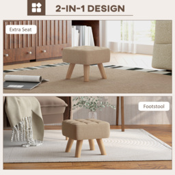 HOMCOM Modern Tufted Footstool, Fabric Foot Stool with Rubber Wood Legs, Padded Seat, for Living Room, Bedroom, Entryway, Light Brown - Aosom UK - thumbnail 4