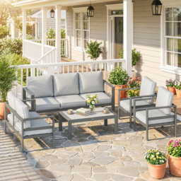 Outsunny 5 Pieces Aluminium Garden Furniture Set with Olefin Cushions, Extra Deep Outdoor Garden Sofa Set, Dark Grey - thumbnail 2
