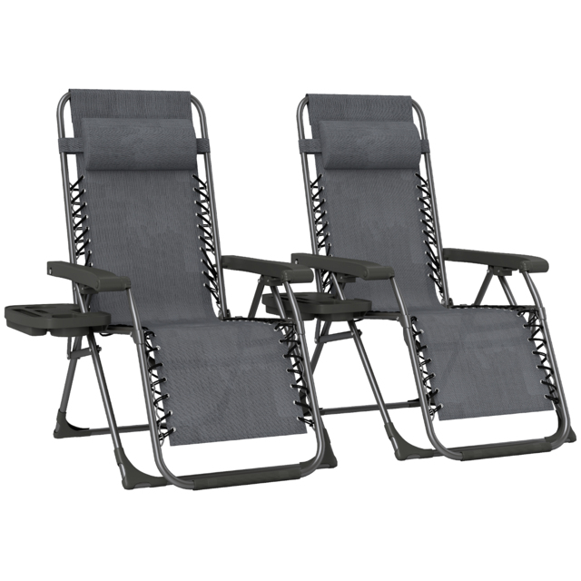 Outsunny Zero Gravity Chairs Set of 2, Folding Sunloungers Reclining Garden Chairs with Cup Holder, Headrest, Dark Grey - image 1