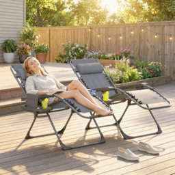 Outsunny Zero Gravity Chairs Set of 2, Folding Sunloungers Reclining Garden Chairs with Cup Holder, Headrest, Dark Grey - thumbnail 2