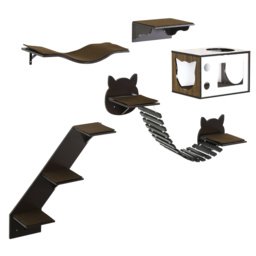 PawHut 5 Pieces Cat Wall Shelves with Curved Platform, Cat Condo, Bridge, Stairs, and Perch, Wall Mounted Cat Tree for Indoor Use, Brown - thumbnail 1